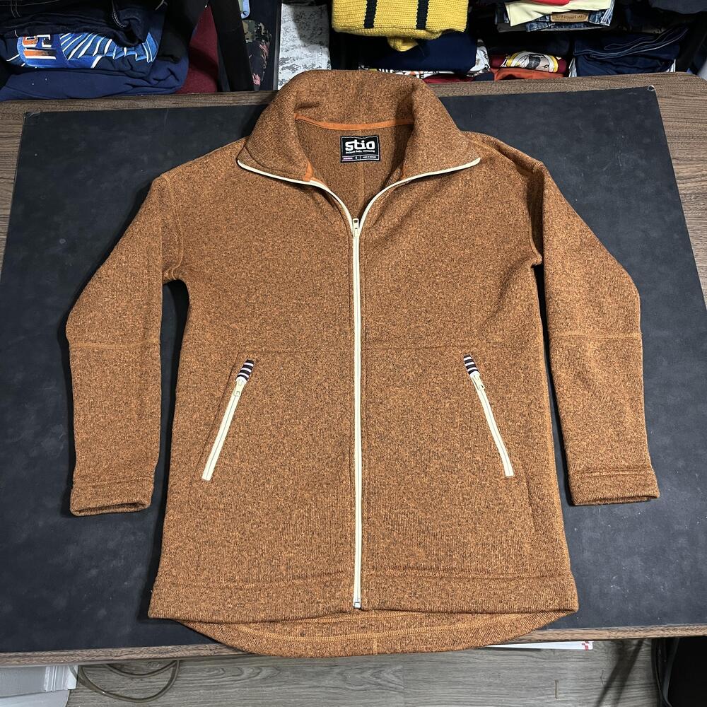 Stio Knit Sweater Jacket Womens Small Brown Full Zip High Neck Fleece Pockets